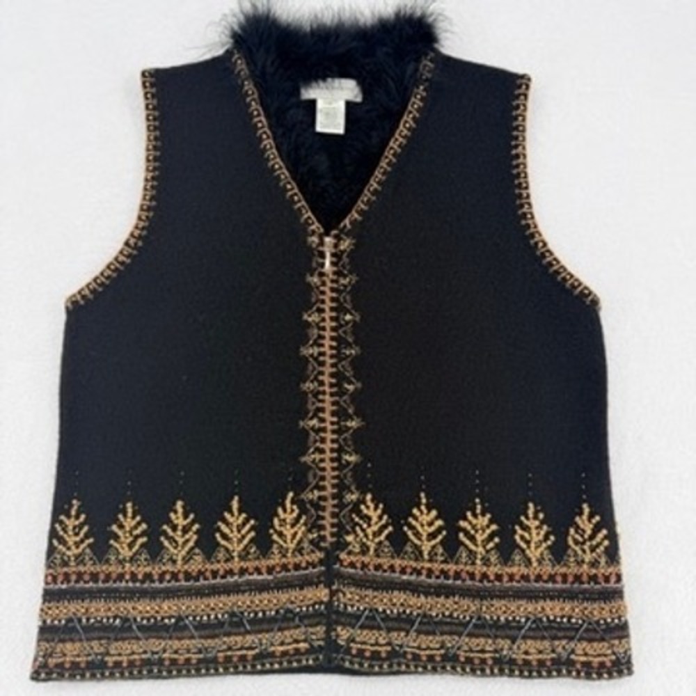 Vintage Susan Bristol Wool Embroidered Vest Fur Trim L